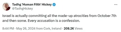 Documented social media post (archive pending). Categories: conspiracy_theories,  decontextualization,  disinformation,  extremism,  false_equivalence,  general_hate,  inflammatory_language,  oct7_denialism
