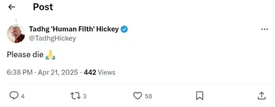 Documented social media post with permanent archive. Perma.cc: https://perma.cc/ZX82-XAMR. Categories: general_hate,  incitement,  threat_rhetoric