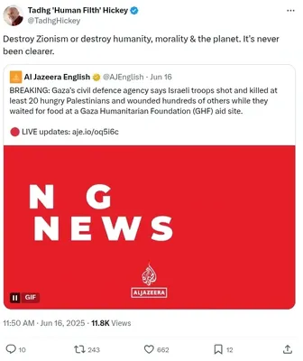 Documented social media post with permanent archive. Perma.cc: https://perma.cc/LN6A-7GPC. Categories: bad_faith_arguments,  delegitimization,  denies_israel_existence,  eliminationist_rhetoric,  extremism,  genocidal_language,  incitement,  inflammatory_language