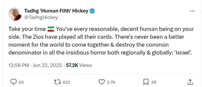 Documented social media post with permanent archive. Perma.cc: https://perma.cc/3N6D-ZG7N. Categories: collective_vilification,  denies_israel_existence,  eliminationist_rhetoric,  explicit_antisemitism,  extremism,  general_hate,  inflammatory_language,  iran