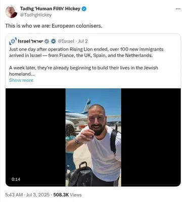 Documented social media post with permanent archive. Perma.cc: https://perma.cc/6KY2-SB65. Categories: collective_vilification,  colonialist_rhetoric,  dehumanization,  explicit_antisemitism,  inflammatory_language