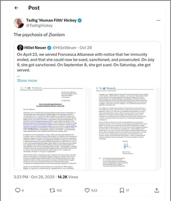 Documented social media post with permanent archive. Perma.cc: https://perma.cc/2P7H-DJCE. Categories: antizionism_pretense,  disinformation,  explicit_antisemitism,  inflammatory_language