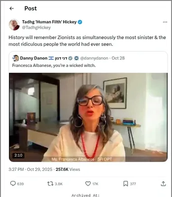 Documented social media post with permanent archive. Perma.cc: https://perma.cc/VYU7-W3LY. Categories: antizionism_pretense,  collective_vilification,  general_hate,  inflammatory_language