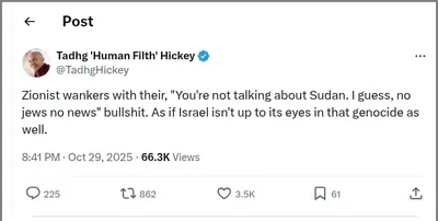 Documented social media post with permanent archive. Perma.cc: https://perma.cc/5PS3-SR2D. Categories: antisemitic_tropes,  collective_vilification,  conspiracy_theories,  disinformation,  false_equivalence,  general_hate,  inflammatory_language,  israel_apartheid_slander