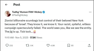 Documented social media post with permanent archive. Perma.cc: https://perma.cc/D5EL-9WR9. Categories: antisemitic_tropes,  collective_vilification,  conspiracy_theories,  delegitimization,  explicit_antisemitism,  inflammatory_language